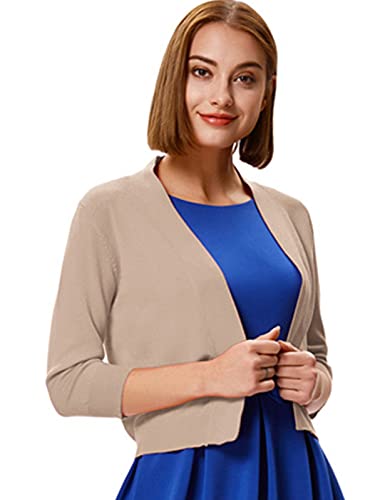 Women's Cropped Knitted Sweater 3/4 Sleeve Open Front Knitwear Cardigan Coat Large Tan #TOP5