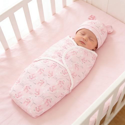 Image of Baby Swaddle Sleep Sack with Hat Set for Girls Rabbit /Girl /Bear | 3-pack Cotton Nursery Swaddling Blankets for Infant 0-3 Months, Newborn Registry Essentials