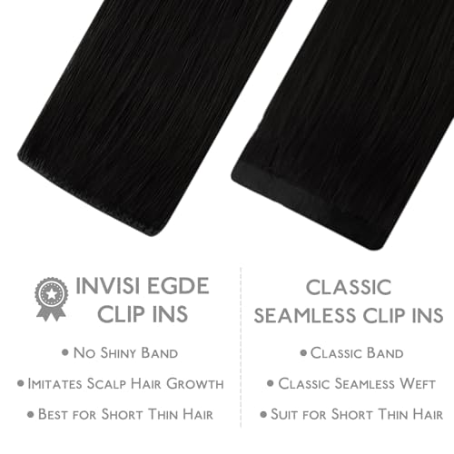 Image of WENNALIFE Invisi Edge Clip in Hair Extensions Real Human Hair, 16 Inch 130g 7pcs Jet Black Seamless Clip in Extensions Remy Hair Clip Ins Invisible PU Skin Weft Straight Extensiones De Cabello Hmano