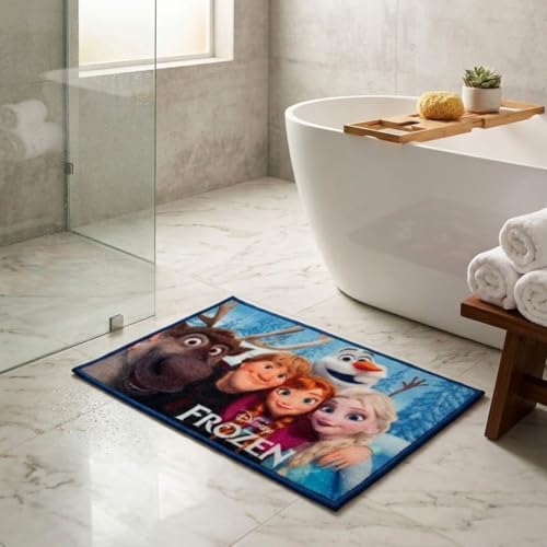Image of Athom Living Disney Frozen Characters Digital Printed Themed Multi Colored Kids Premium Nylon Bathmat, with Latex Backing, Anti-Skid Bathmat, 37 x 57 cm, Pack of 1