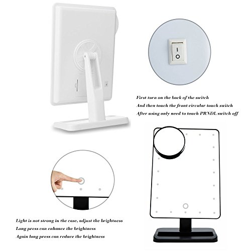 20 LED Makeup Mirror with Removable 10x Magnifying Mirror -Touch Screen Dimmable Vanity Mirror Illuminated Cosmetic Mirror with Bidirectional Rotation - Beauty Mirror (white)