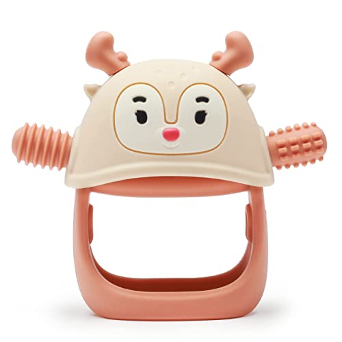 Image of Smily Mia Teething Toys/Teethers for Babies 6-12 Months, Reindeer Baby Chew Toy 3-6 Months for Teething Relief, Get-A-Grip Baby Hand Teether, Easily Wash Silicone Teething Mittens for 0-6Months, Nude