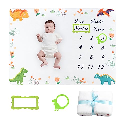 Image of FUNUPUP Baby Milestone Blanket, Soft Monthly Milestone Blankets for Baby Girls and Boys with 2 Frames, Baby Growth Blanket, 50" X 40" (Dinosaur)
