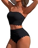 Charmo Bandeau Womens High Waisted Bikini Swimsuit Tummy Control Strapless Cute Swim Suit Full Coverage Bikinis Black L