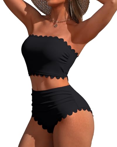Charmo Cute Push Up Bikini Set for Women High Waist Scallop Strapless Bikini Swimsuit Lace 2 Piece Bathing Suit Black S
