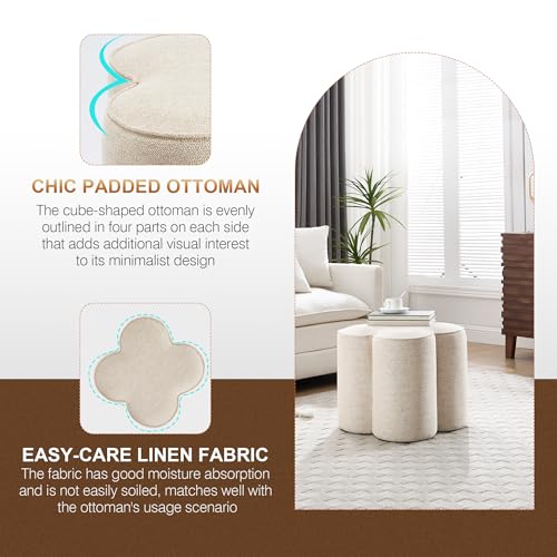 Image of Zesthouse Flower Pouf Ottoman Foot Rest, Linen Fabric Poofy Ottoman Footstool for Couch, Modern Living Room Stool Seat, Cute Square Vanity Stool for Bedroom Dorm, Beige