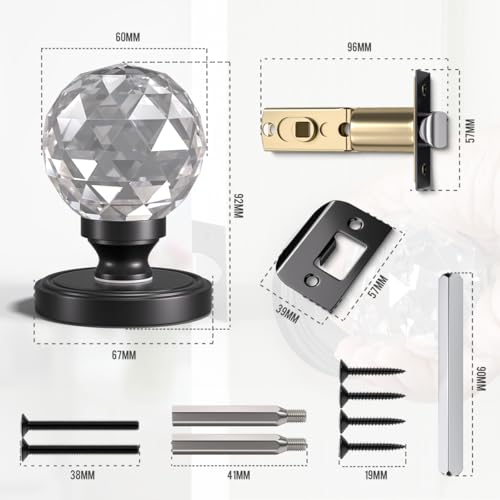 Bwintech 1 Pair Solid Crystal Black Door Knobs, 65mm Palace Style Crystal Internal Door Handle with Latch and DIY Screw Kit for Passage, Bedroom, Hallway - Image 2