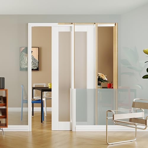 Image of Interior Pocket Door, 1-Lite Frosted Glass Pantry Door Panel with Frame and Hardware Kit Set Plus Door Jamb, 24 inch x 80 inch Single Closet Door Slab for Sliding Door, No Panel Assembly Required