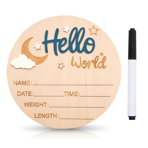 Image of Baby Announcement Sign, 5.9 Inch Wooden Hello World Newborn Signs, Birth Announcement Sign and Pen, Moon and White Cloud Decoration, Welcome Newborn Arrival to World, Hospital Nursery for baby (Dark Blue)