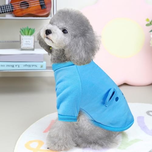 Image of Blue Cute Dog Sweater Soft Winter Clothes for Small Dogs, M | Classic Blue Knit Pullover, Fall Winter Outfit, Elastic Cuffs, Holiday Party Matching, Machine Washable Sweatshirt for Pets