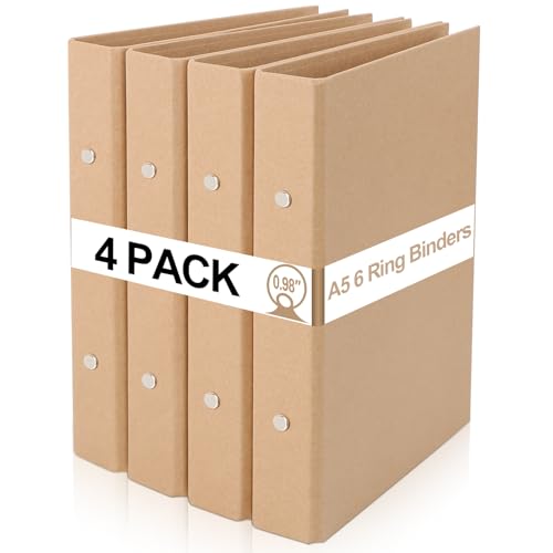 4pcs Archivadores A5 de Papel Kraft, 6 Anillos Carpeta Anillas A5, Archivadores de Anillas 233 x 175mm con Lomo de 38mm, para Oficina y Escuela