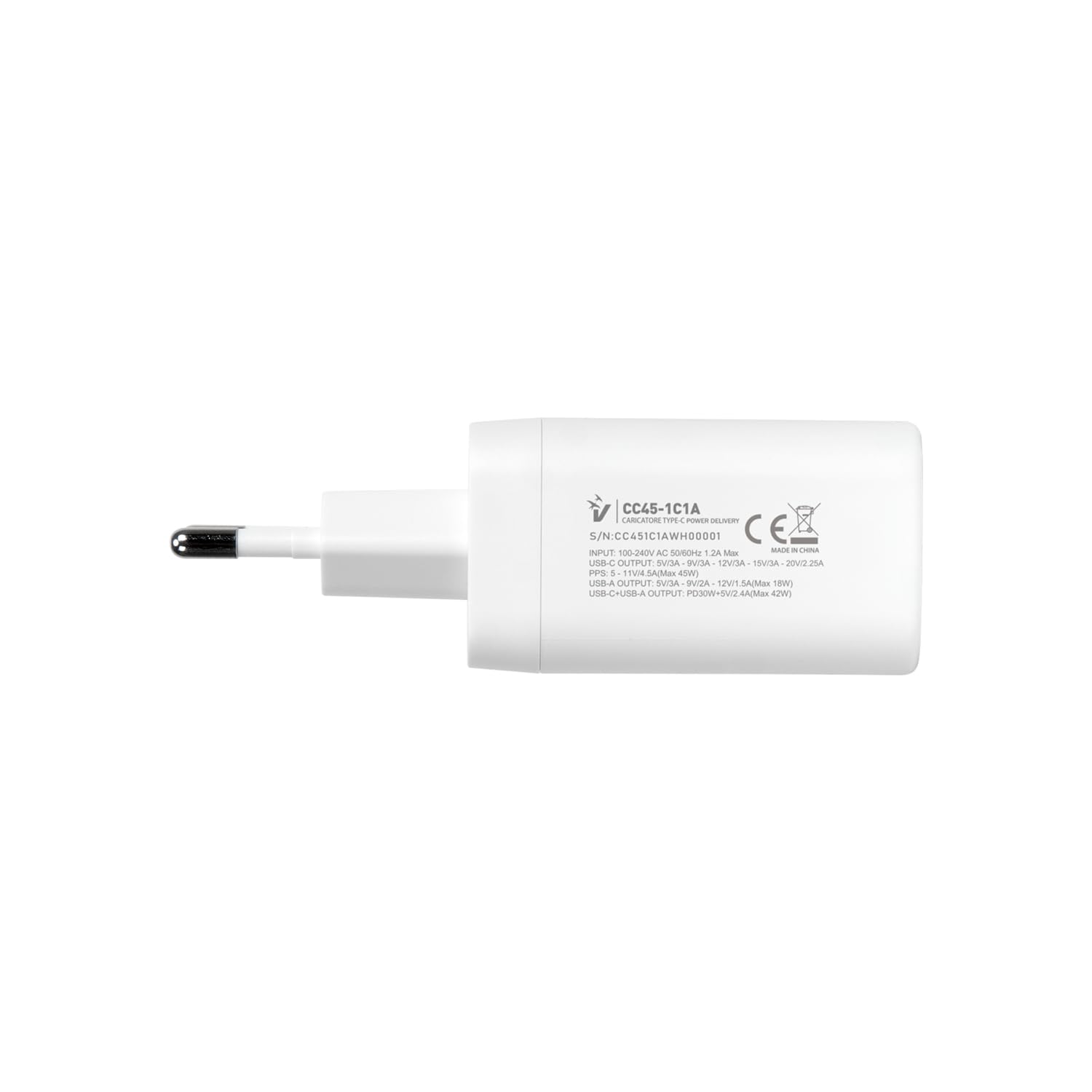 VulTech CC45-1C1A - uniwersalna ładowarka 45 W GaN USB + Type-C/USB-C PD3.0 QC3.0 PPS, kompatybilna ze smartfonami, tabletami i notebookami - biała, kompaktowa