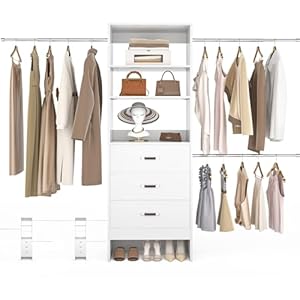 96” Closet Organizer System with 3 Hanging Rods, 8FT Closet Organizers and Storage with 3 Wooden Drawers, Built in Closet Organizer Systems, Adjustable Walk-in Wardrobe from 5-8FT, White