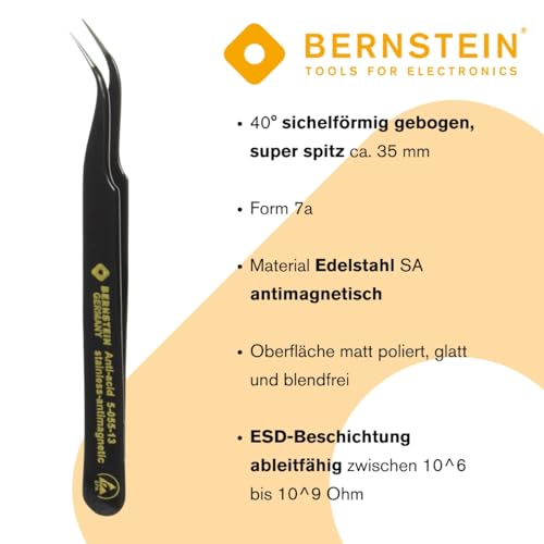 BERNSTEIN Esd Smd Pinzette 120 Mm Form 7a Edelstahl Winkel 40° Ableitfähig | Bestückungspinzette, SMD/THT, Präzisionspinzette