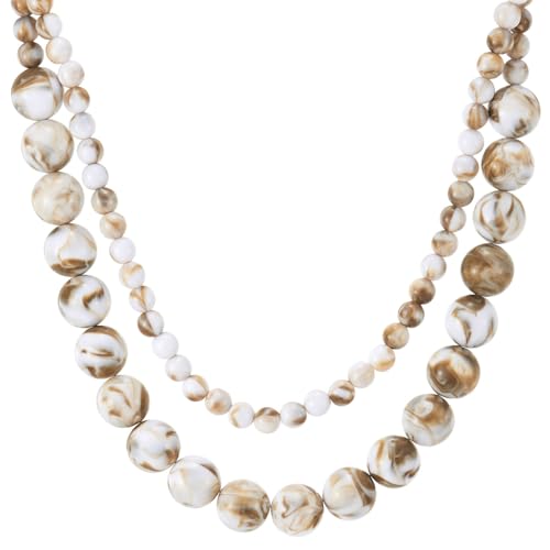 Collier Perles Marbrées Femme Double Rang Acrylique Marron Blanc Bijou Statement