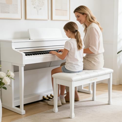 FILISITE Duet Piano Bench with Storage, Wooden Piano Stool with Waterproof Padded Cushion, Bench Seat for Vanity, Living Room, Bedroom (White) by FILISITE - Image 2