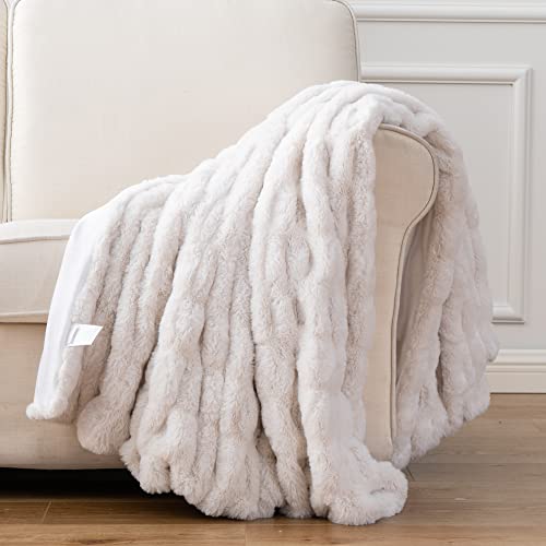 Luxury Concepts Lightweight Faux Rabbit Fur Throw Blanket, Ruched Elegant Wrinkle Resistant, Anti-Static And Washable For Couch Sofa Bed, 50" X 60" In (Off White) #TOP4
