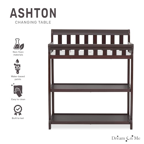 Image of Dream On Me Ashton 2-in-1 Changing Table & Nightstand in Espresso - Solid New Zealand Pinewood, Safety Rails, Spacious Storage Shelves & Water-Resistant Changing Pad, Converts to Nightstand