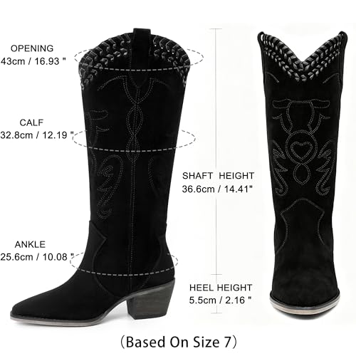 Image of Reitoye Cowboy Boots Women Knee High Cowgirl Embroidered Chunky Heel Boots | Block Chunky Heel,Pointed Toe,Half Side Zipper & Pull Tab,Embroidered Tall Boots,Fall Summer Spring Winter Dress Long Boots