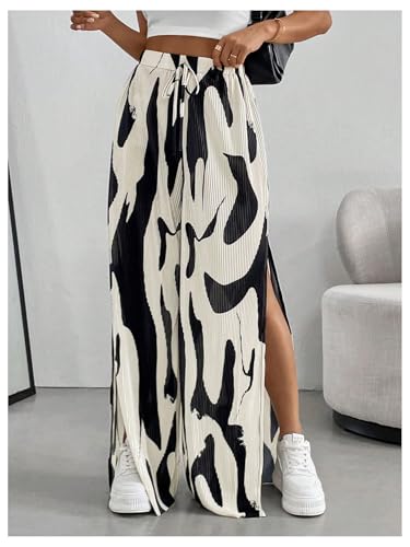 OYOANGLE Women's All Over Print High Split Pleated Long Pants Elastic High Waist Wide Leg Casual Trousers4