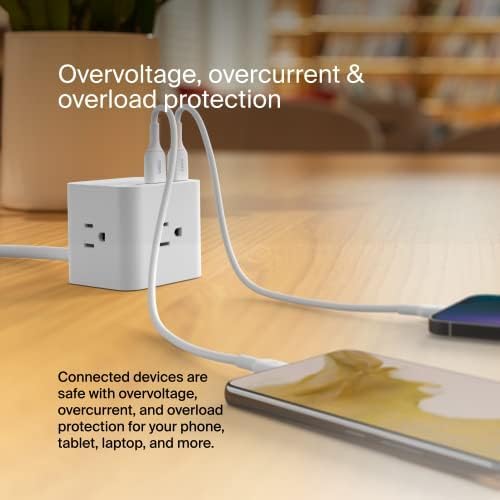 Miniatura 6 de Belkin Cubo de alimentación de 6 tomas con 3 salidas de CA, 3 puertos USB-A y cable de extensión resistente de 5 pies, práctico cubo compacto para