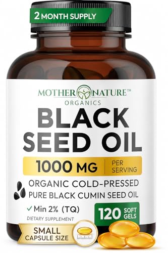 Black Seed Oil Capsules 1000mg, Organic Cold Pressed Black Cumin, High TQ, Immune & Joint Support, 120 Count (2 Month Supply)