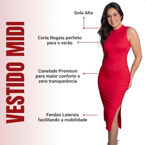Kit 3 Vestidos Feminino Malha Canelada Casual Festa Balada (BR, Alfa, GG, Regular, Regular, Vermelho