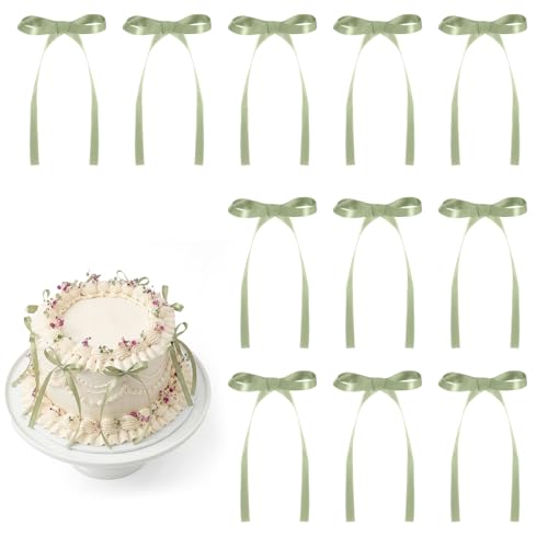 30 Pack Bow Cake Toppers Sage Green Ribbon Bows for Cake Bow Cupcake Toppers Sage Green Bow Birthday Decorations for Sweet 16 Party Decorations Wedding Bridal Baby Shower Engagement Party