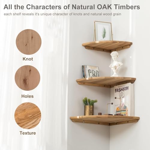 Image of Corner Shelf, Solid Oak Wood Floating Corner Shelf Wall Mount Round End Floating Speaker with Wire Hole for Small Plant Photo for Bedroom Kitchen, Living Room