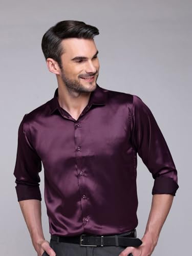 Image of IndoPrimo Men's Satin Shirt with Spread Collar Neck Line Solid Pattern Full Sleeves Regular Fit Western Style and Standard Length