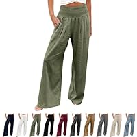 Offerte Lampo del Giorno Pantaloni Lino Donna Estivi Casual Pantaloni Larghi Elastica Vita Alta Leggeri Elegante Gamba Dritta Palazzo Comodi Pantaloni da Spiaggia con Tasche (Army Verde, M)
