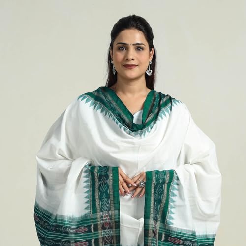 Image of Cotton Dupatta with weaving and Ikat woven border from the Weavers Stole for Girls & Women