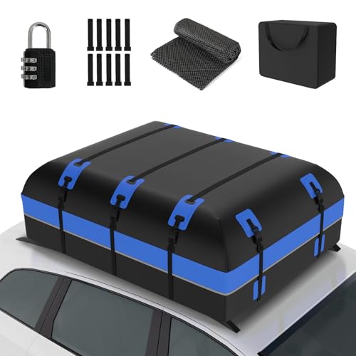 Puluomis Car Roof Bag, 21 Cubic Feet Waterproof Roof Box for Cars with/Without Rack, 500D Rooftop Cargo Carrier Bags with Anti-Slip Mat, Strong Straps, Lock, 6 Door Hooks, Blue 600L