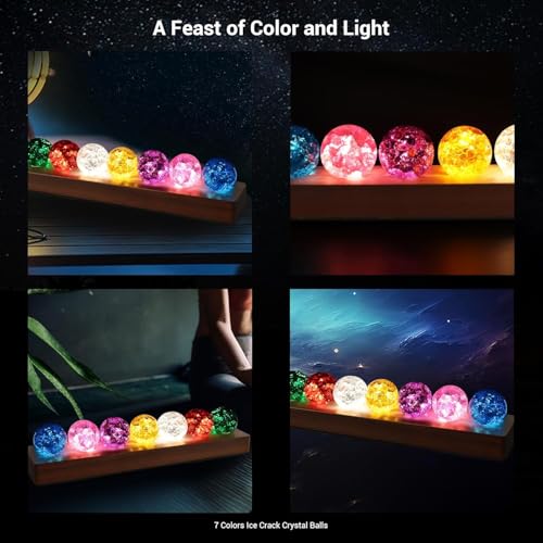 LOSCHEN 7 Farben EIS-Cracked-Kugeln, Core Memories Kristallkugeln mit LED-Sapele-Holzsockel, natürliche Heilkugeln für das Wohnzimmer Meditation Positive Energie Dekokugeln