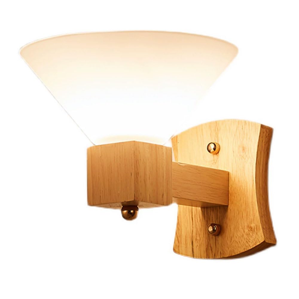 HUAYUSEDF E26 Screw Glass Wall Lamp Shade, Wood Base, Farmhouse Style Interior Light, Hard Wire Connection Sconce, Bedroom Dressing Table Entrance Decorative Lighting Fixtures