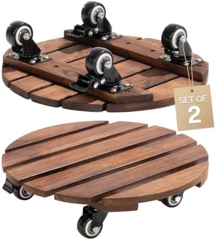 Idzo 2pack 14Inch Wood Plant Caddy With Wheels Heavy Duty Red Brown, 264 Lbs Capacity, Acacia Hardwood Plant Dolly, Plant Stand with 360° Lockable Wheels for Plant Pots, Heavy Objects Hauling