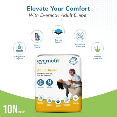 Image of Everactiv Adult Diaper Medium Size M Leakproof for Waist 28-45 inch with 10 hr Absorption Protection and Wetness Indicator, Unisex with Goodness of Aloe Vera, 90 Units, Pack of 9