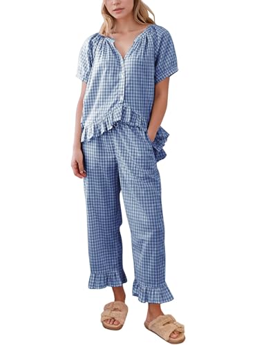 Flygo Womens Plaid 2 Piece Pajamas Sets Gingham Button Down Puff Sleeve Babydoll Shirt Ruffle Pants Y2K Pjs Lounge Set