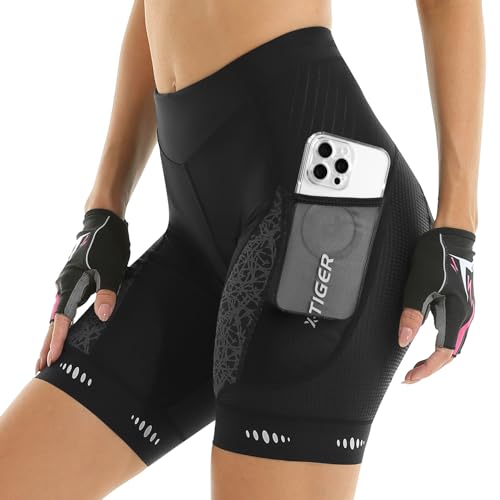 X-TIGER Radlerhose Damen Kurze mit Sitzpolster Atmungsaktive Schnell Trocknende Fahrradhose Radhose kurz mit 3 Taschen Rennrad Kurze Hose Damen Knielang Radbekleidung