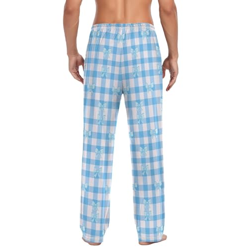 Men’s Blue and White Checkered Bows Pajama Pants with Pockets, Comfortable Lounge Sleep Bottoms#6672