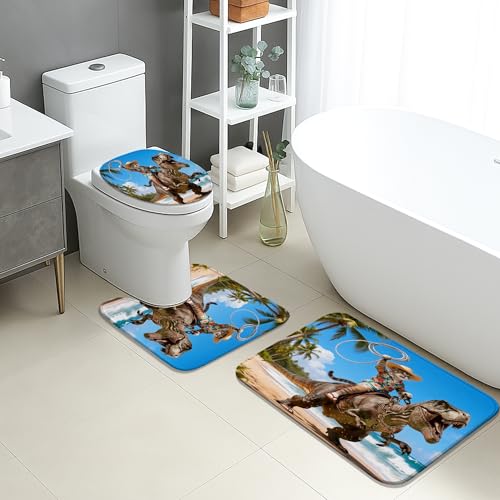 Tapete de baño con diseño de dinosaurio vaquero, decoración de verano, antideslizante, de secado rápido, divertido diseño de aventura tropical, alfombras de franela lavables para baño e inodoro