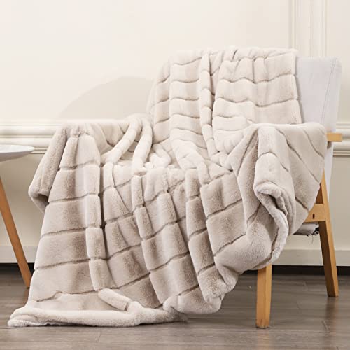 Luxenrelax Striped Luxury Soft Faux Fur Blanket Throw Blanket For Bed, Beige Furry Fluffy Throw Blankets For Couch, Sofa, Anti-Shedding Blanket- (50" X 60", Beige) #TOP2