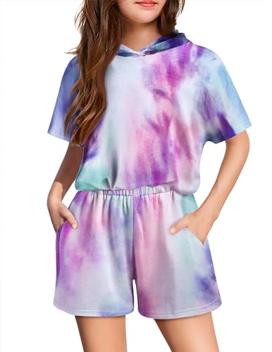 Image of Girls Summer Outfits Kids Hooded-Shirts and Elastic Waist Shorts Sets | short sleeve drop shoulder hooded shirt and shorts with two pockets tie dye leopard letter