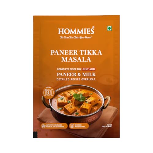 Image of Hommies Dhaba Style Paneer Tikka Masala Curry Spice Mix | Ready to Cook in 15 mins | Just Add Paneer and Milk | Shahi Paneer Tikka Masala Spice Mix | Serves 4 | Made with Cashew Nuts | No Preservatives | 50 gm each (Pack of 4)