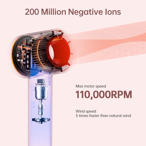 Image of Hair Dryer, BOWEI 110000 RPM High-Speed Professional Blow Dryer for Fast Drying, 200M Negative Ions Anti-Frizz, Smart Thermo-Control, 0.83 lb Lightweight Quiet Compact Hairdryer, All Hair Types, Pink