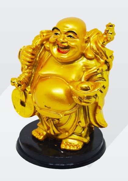 Polyresin Golden Set of 1 Holding Money Bag & Chinese Ingot Happy Man, Small Size, Height-10cm for Office Decor, Home Decoration