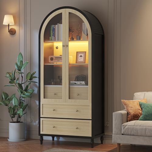 Semoic 73' Tall Arched Storage Cabinet - Modern Farmhouse Bookcase with 3 Large Drawers, Display...