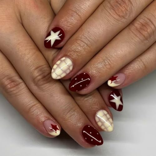 Retro Red Press on Nails Short Almond Fake Nails Polka Dot False Nail 24Pcs