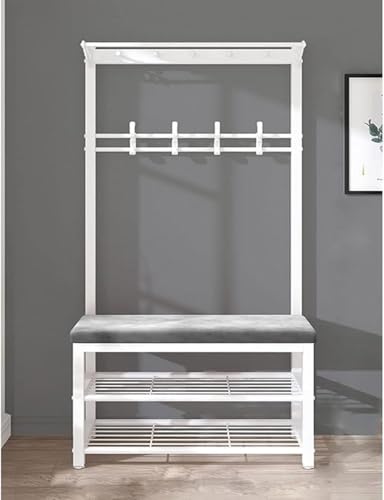 Porte-manteau 3 en 1 blanc et gris avec banc à chaussures 2 niveaux 80cm