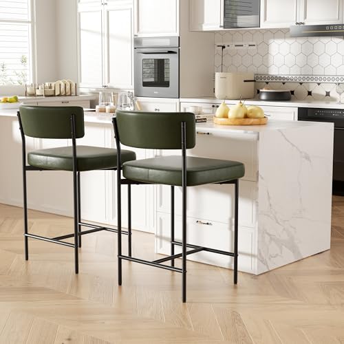 Image of Bar Stools, Faux Leather Counter Height Barstools with Curved Back, 25 Inch Upholstered Bar Chairs, Modern Counter Stools for Kitchen lsland, Green